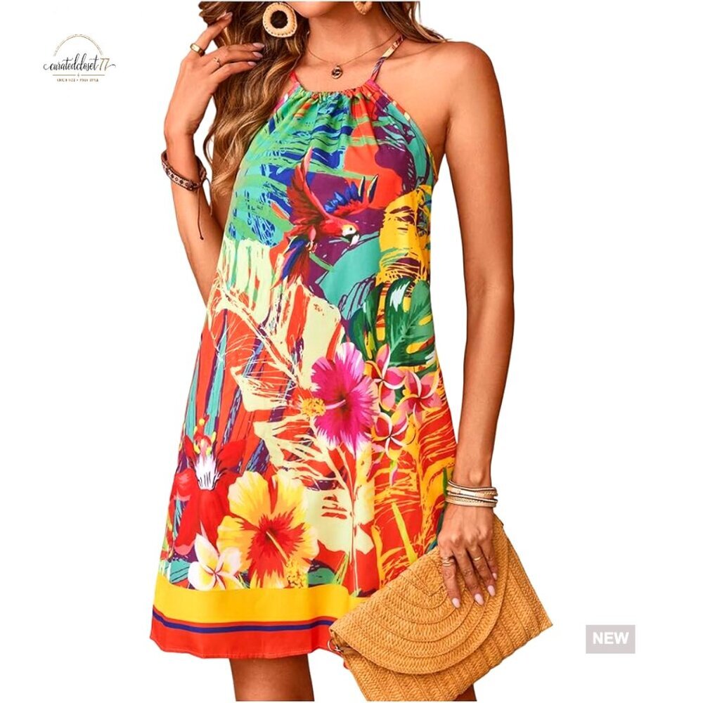Women's Halter Mini Dress Sleeveless Tropical Floral Print Casual Summer